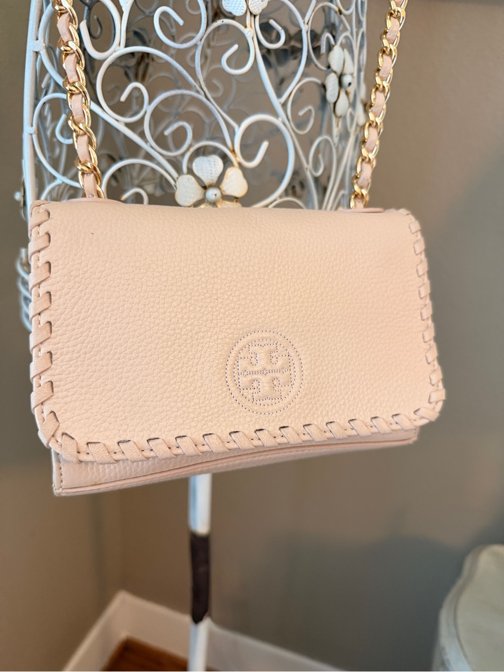 Tory Burch Marion Blush Leather Whipstitch Crossbody Bag